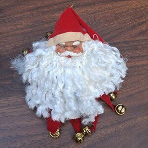 VTG Christmas Ornament Santa Claus head with felt red hat surrounded by bells